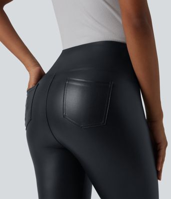 Legging corsaire taille haute ventre plat en similicuir extensible avec poches