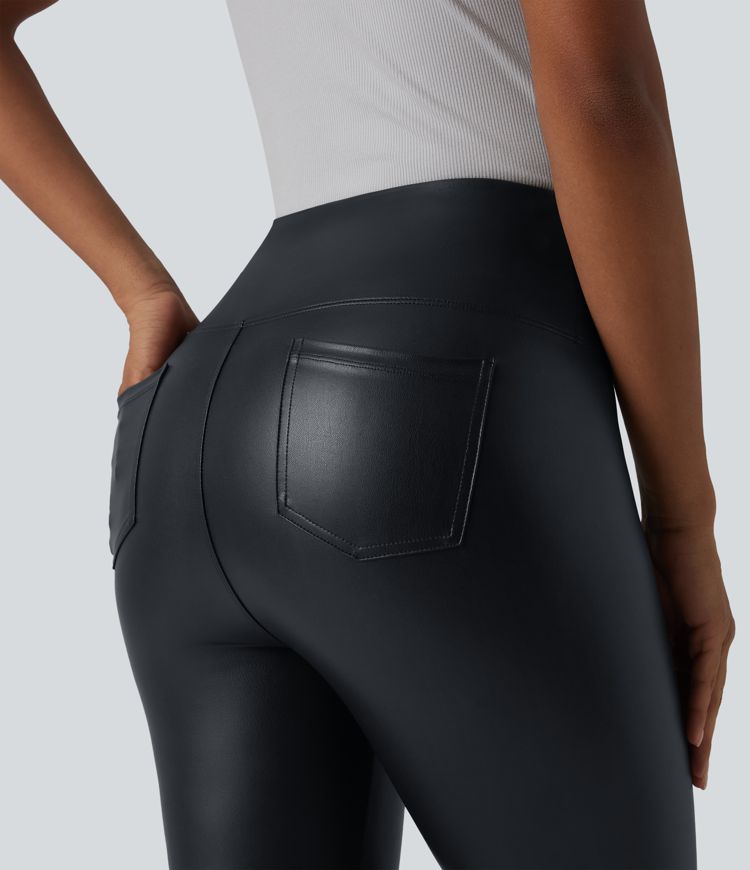 Legging corsaire taille haute ventre plat en similicuir extensible avec poches