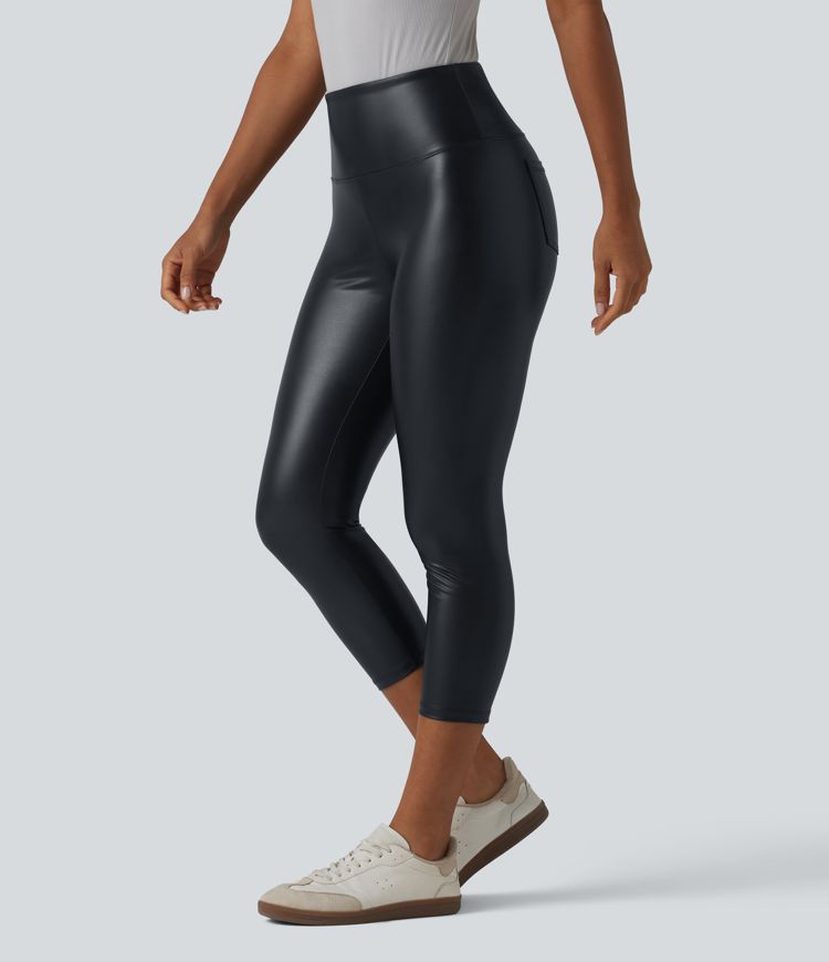 Legging corsaire taille haute ventre plat en similicuir extensible avec poches