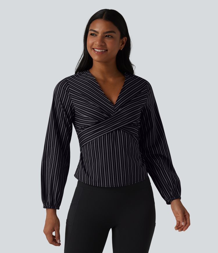V Neck Long Sleeve Tie Back Stripe Work Blouse