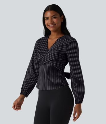 V Neck Long Sleeve Tie Back Stripe Work Blouse