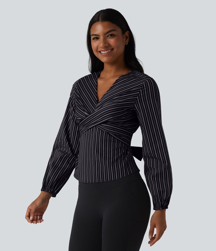 V Neck Long Sleeve Tie Back Stripe Work Blouse
