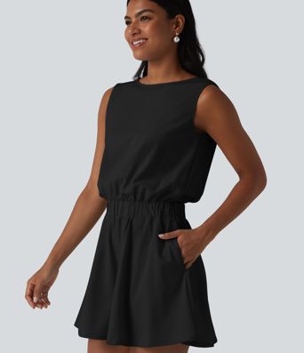 Wrinkle-Resistant Boat Neck Sleeveless Casual Chiffon Romper with Pockets-Easy Peezy Edition