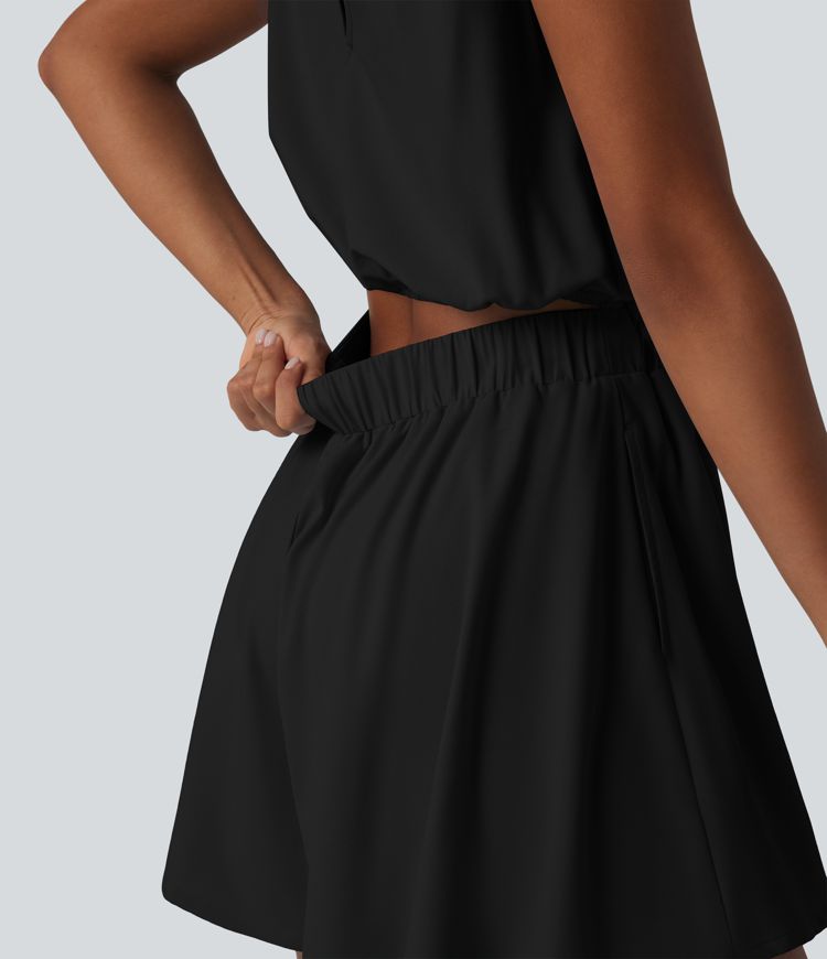 Wrinkle-Resistant Boat Neck Sleeveless Casual Chiffon Romper with Pockets-Easy Peezy Edition