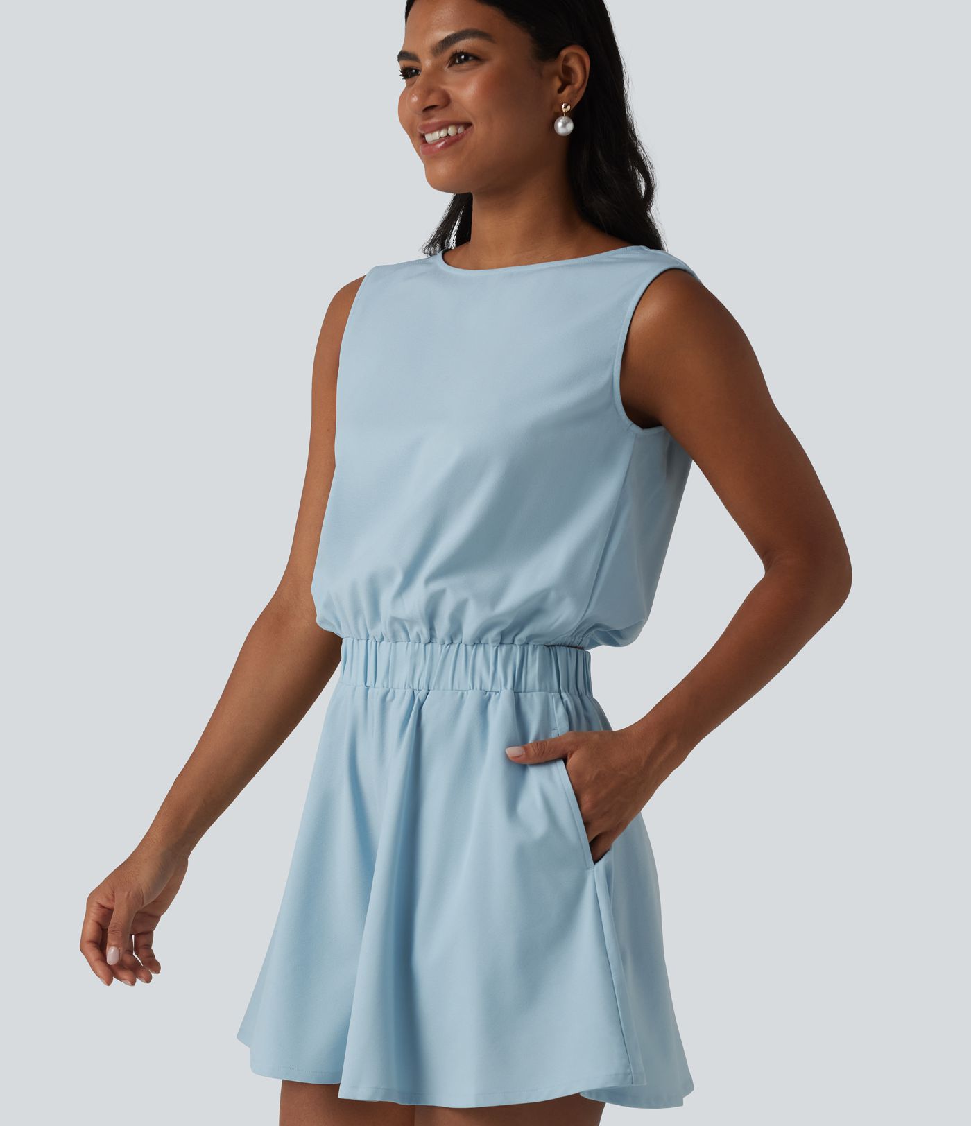 Wrinkle-Resistant Boat Neck Sleeveless Casual Chiffon Romper with Pockets-Easy Peezy Edition