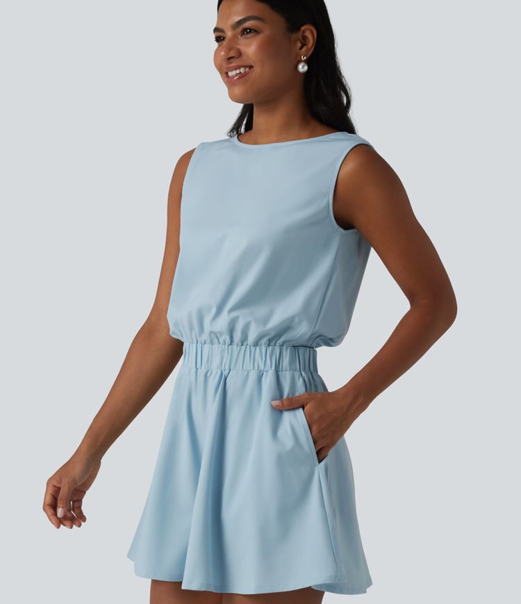 Wrinkle-Resistant Boat Neck Sleeveless Casual Chiffon Romper with Pockets-Easy Peezy Edition