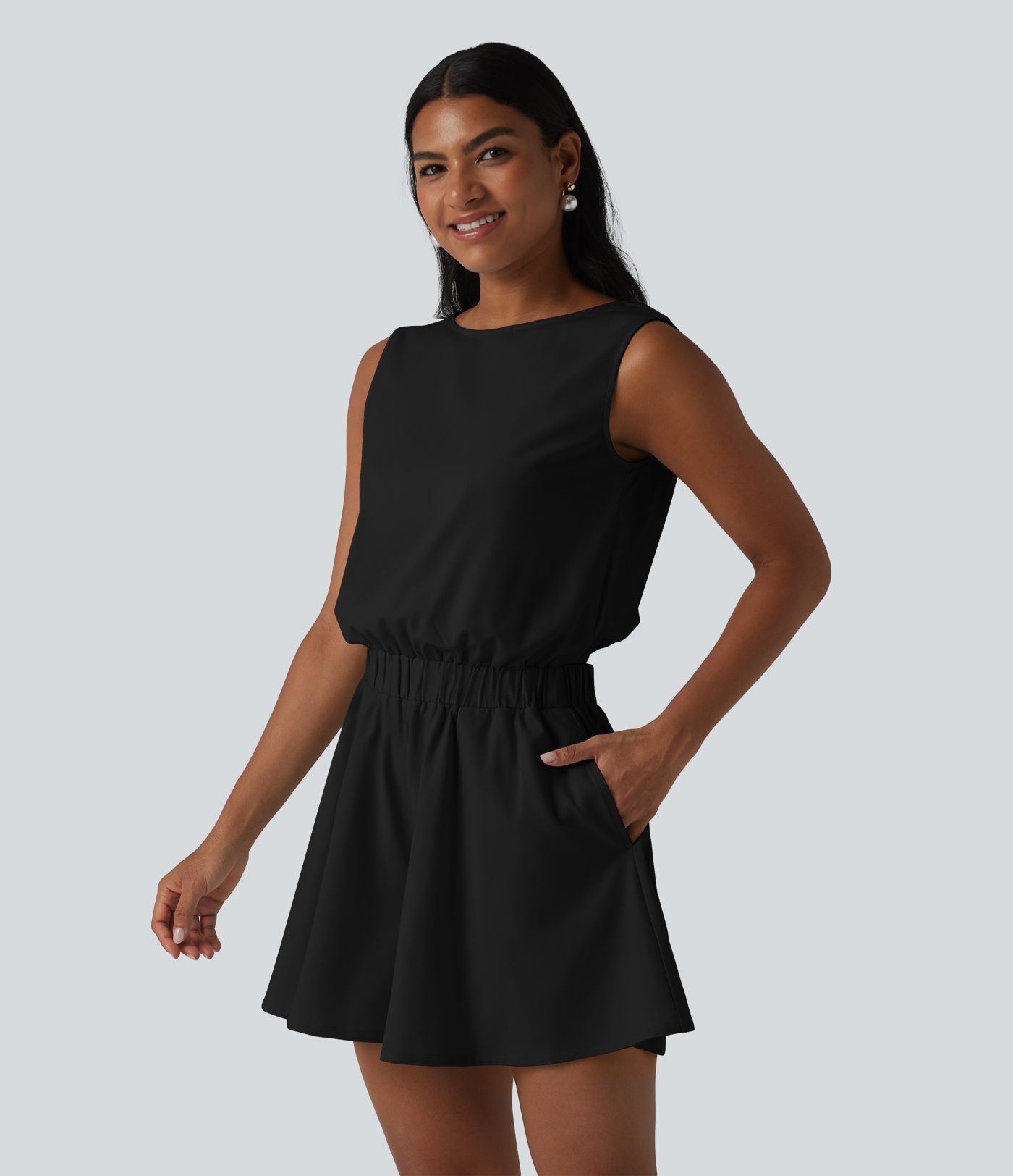 Wrinkle-Resistant Boat Neck Sleeveless Casual Chiffon Romper with Pockets-Easy Peezy Edition