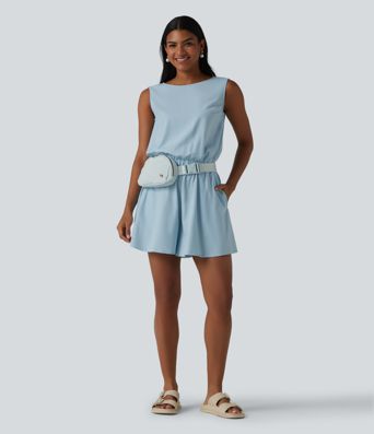 Wrinkle-Resistant Boat Neck Sleeveless Casual Chiffon Romper with Pockets-Easy Peezy Edition