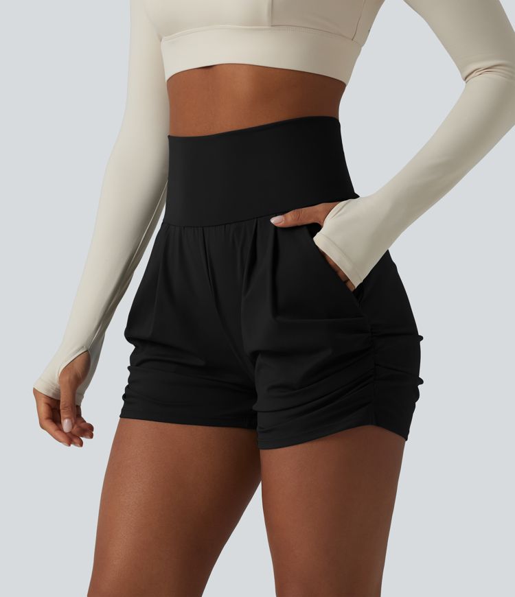 SoftlyZero™ Airy High Waisted Ruched Cool Touch Yoga Shorts 3'' with Pockets