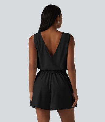 Wrinkle-Resistant Boat Neck Sleeveless Casual Chiffon Romper with Pockets-Easy Peezy Edition