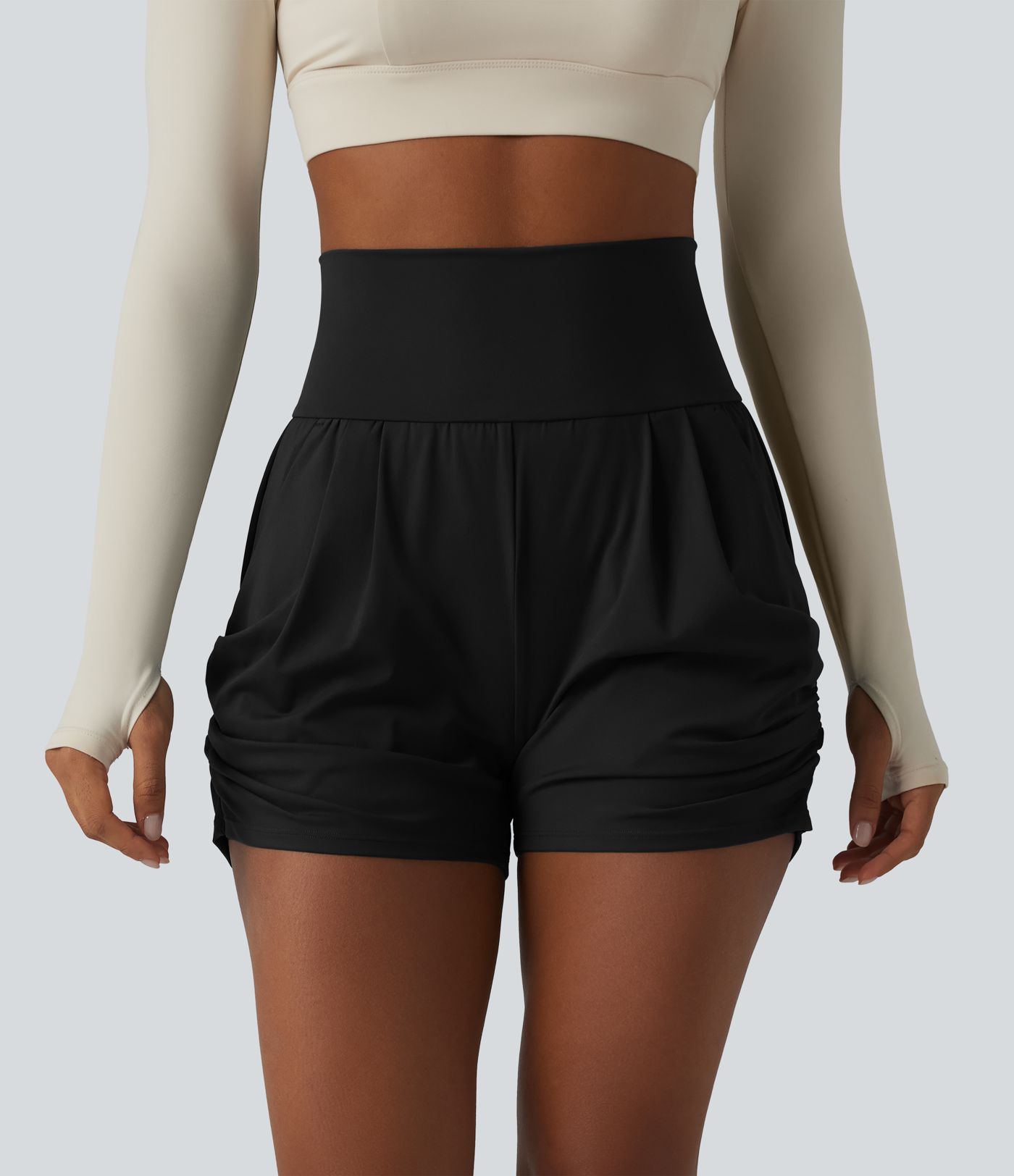 SoftlyZero™ Airy High Waisted Ruched Cool Touch Yoga Shorts 3'' with Pockets
