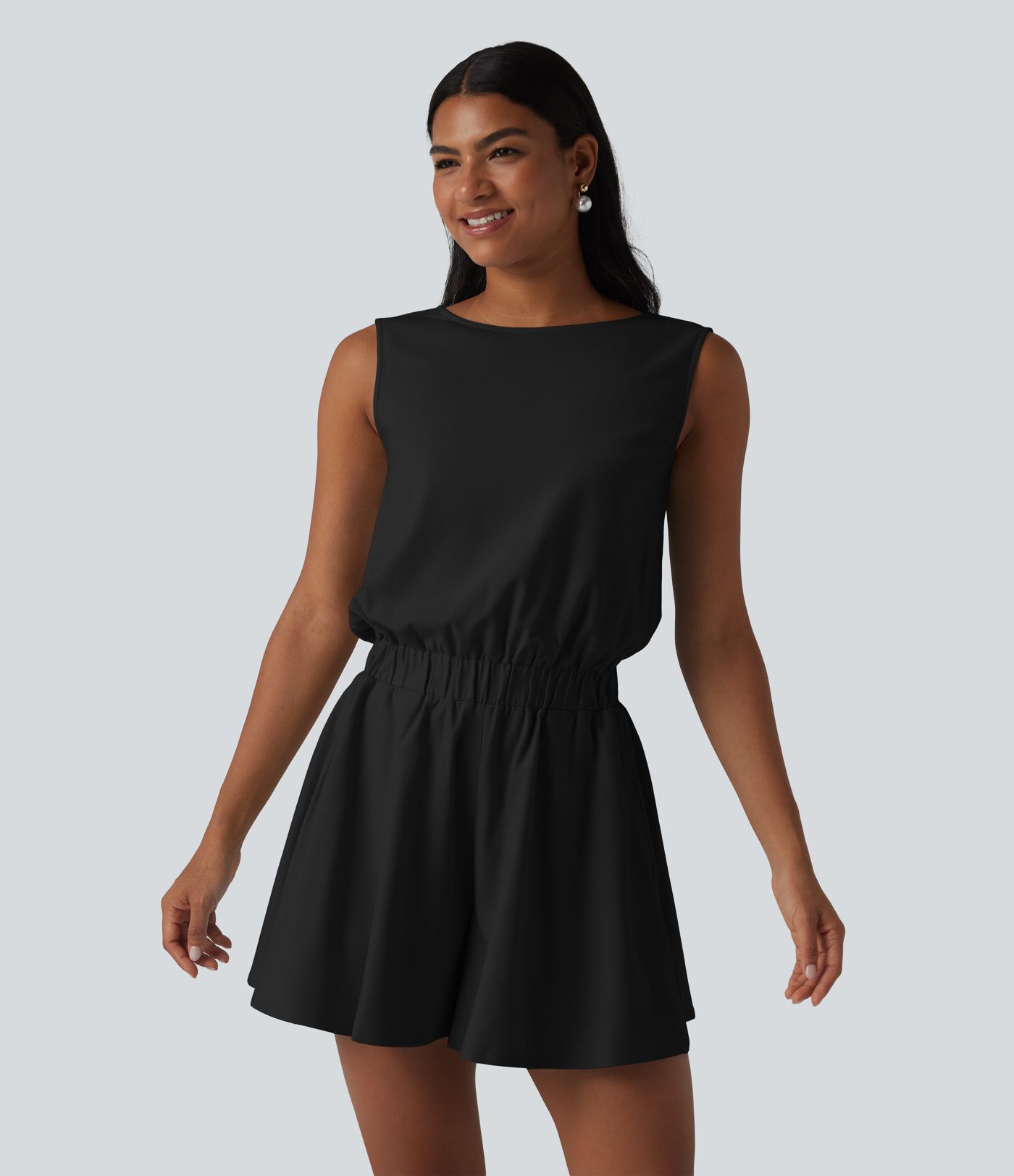 Wrinkle-Resistant Boat Neck Sleeveless Casual Chiffon Romper with Pockets-Easy Peezy Edition