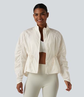 Durable Water Repellent Stand Collar Ruched Sleeve Drawstring Thumb Holes Hiking 3-in-1 Jacket with Pockets