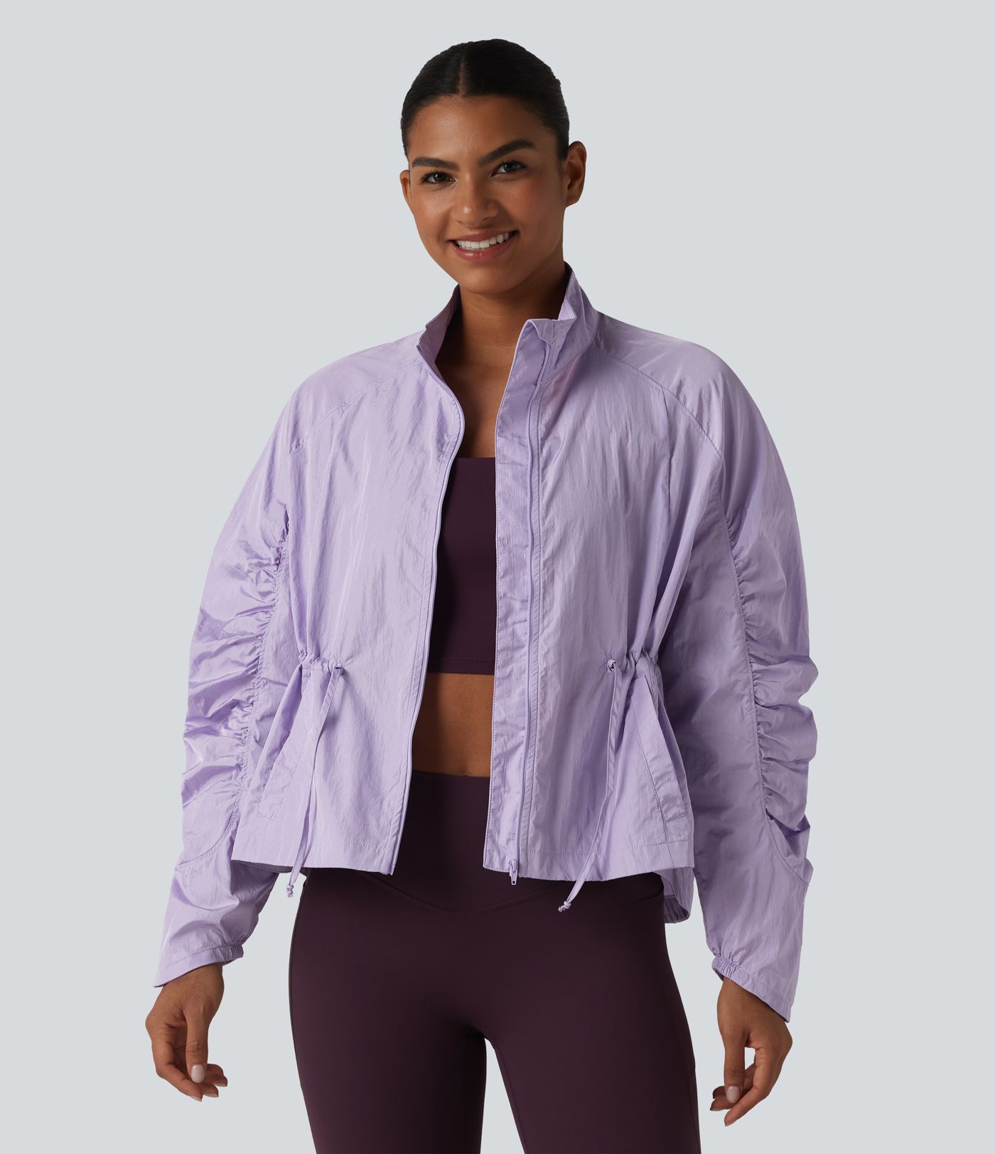 Durable Water Repellent Stand Collar Ruched Sleeve Drawstring Thumb Holes Hiking 3-in-1 Jacket with Pockets