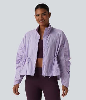 Durable Water Repellent Stand Collar Ruched Sleeve Drawstring Thumb Holes Hiking 3-in-1 Jacket with Pockets