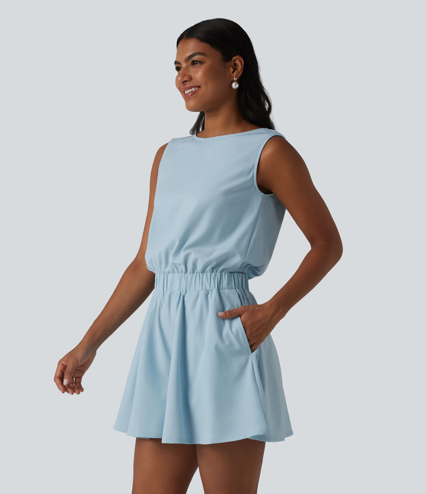 Wrinkle-Resistant Boat Neck Sleeveless Casual Chiffon Romper with Pockets-Easy Peezy Edition