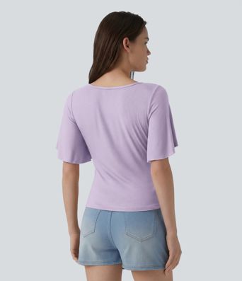 Lässiges, geripptes T-Shirt mit eckigem Ausschnitt und Schmetterlingsärmeln