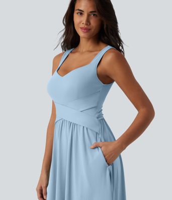 Sleeveless Crossover Flowy Midi Casual Dress with Pockets D-F
