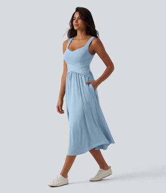 Sleeveless Crossover Flowy Midi Casual Dress with Pockets D-F
