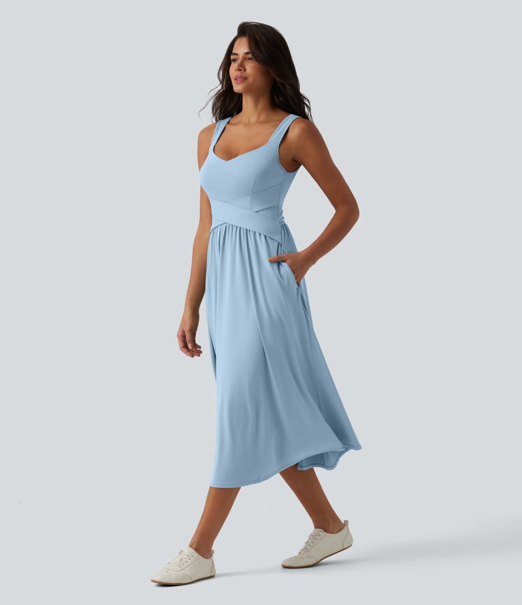 Sleeveless Crossover Flowy Midi Casual Dress with Pockets D-F
