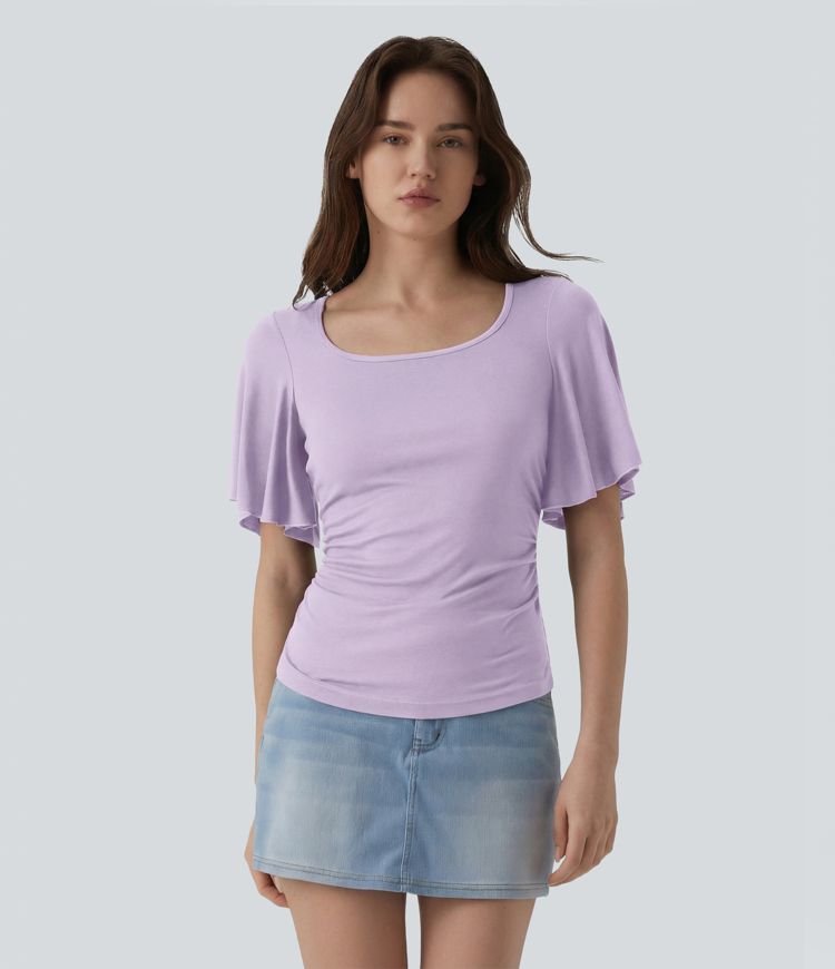 Lässiges, geripptes T-Shirt mit eckigem Ausschnitt und Schmetterlingsärmeln