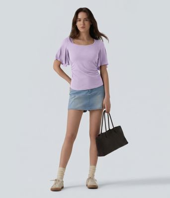 Lässiges, geripptes T-Shirt mit eckigem Ausschnitt und Schmetterlingsärmeln