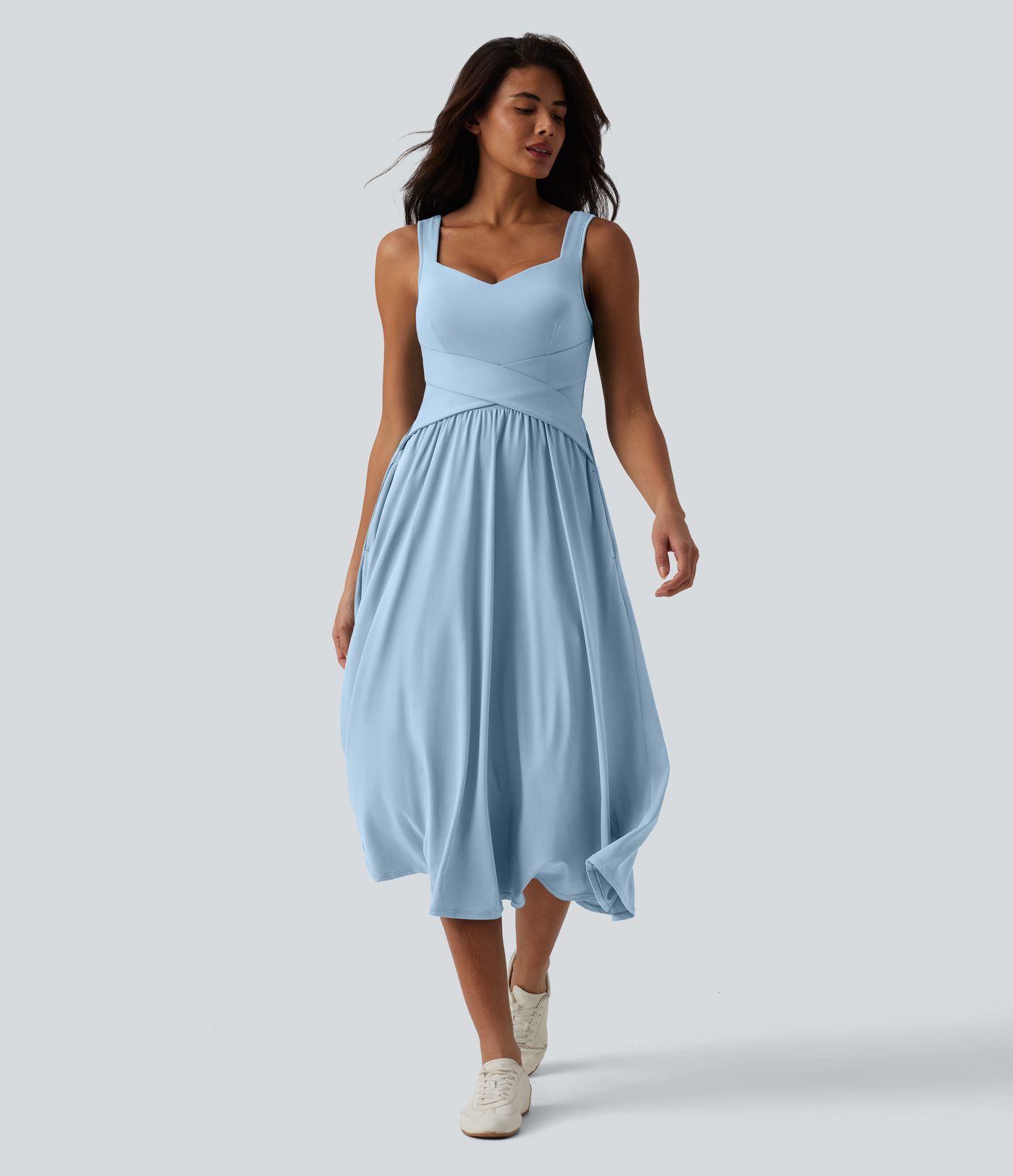 Sleeveless Crossover Flowy Midi Casual Dress with Pockets D-F