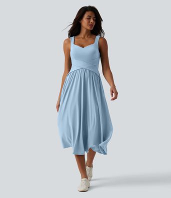 Sleeveless Crossover Flowy Midi Casual Dress with Pockets D-F