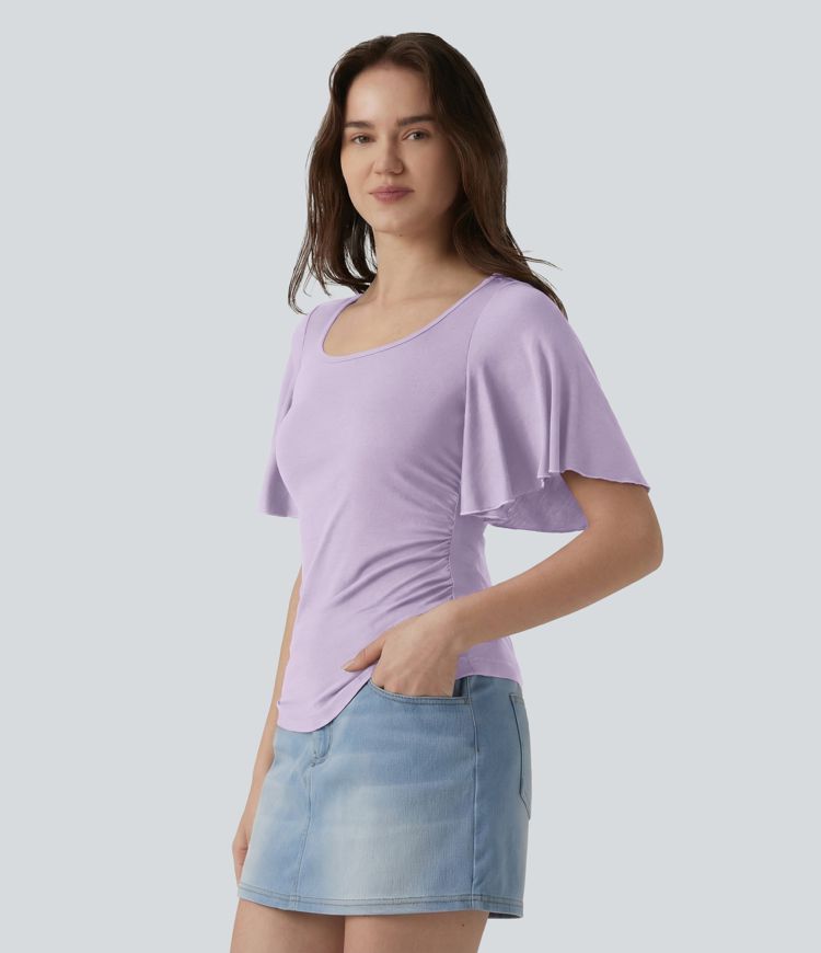 Lässiges, geripptes T-Shirt mit eckigem Ausschnitt und Schmetterlingsärmeln