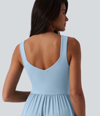 Sleeveless Crossover Flowy Midi Casual Dress with Pockets D-F