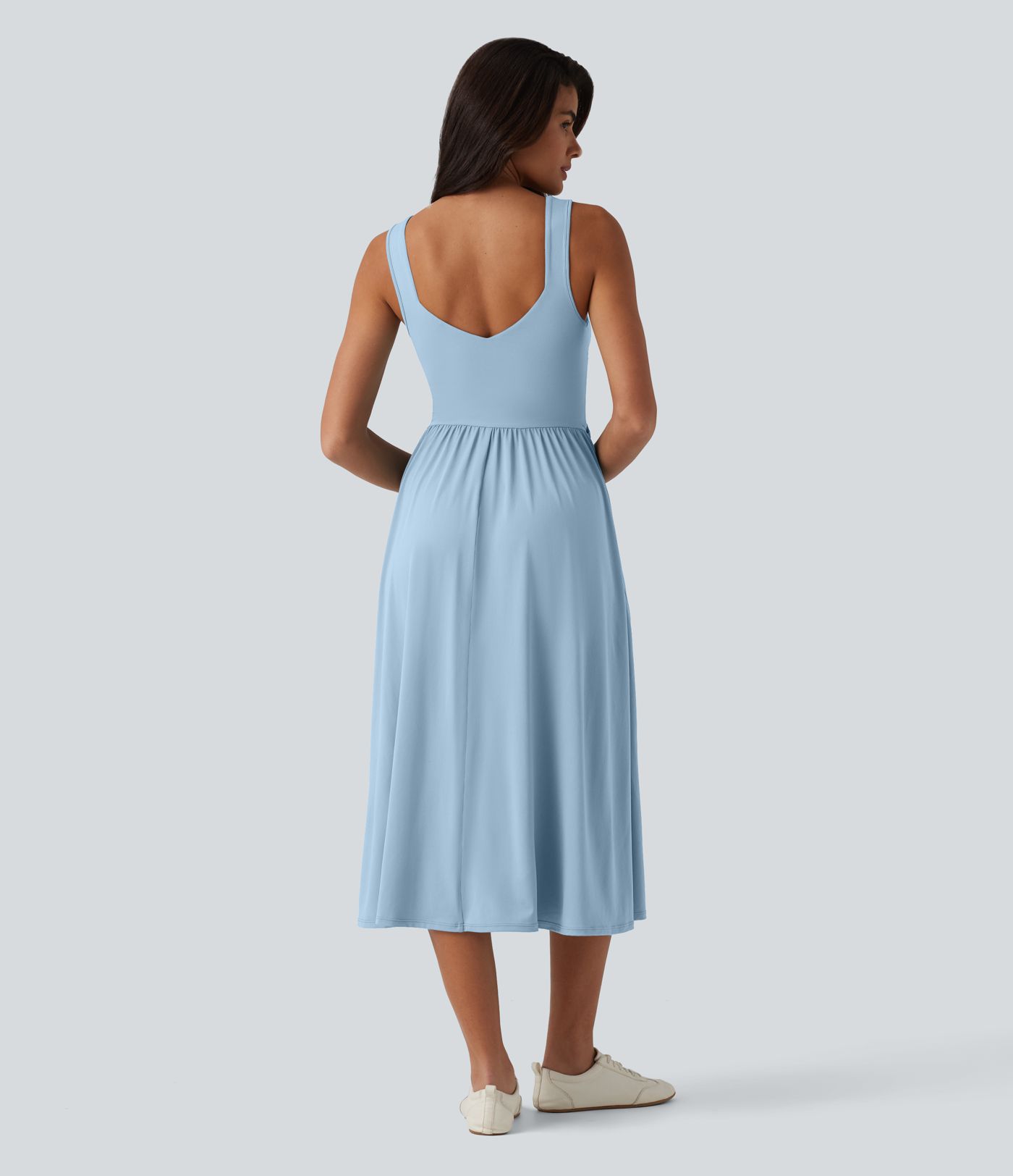 Sleeveless Crossover Flowy Midi Casual Dress with Pockets D-F