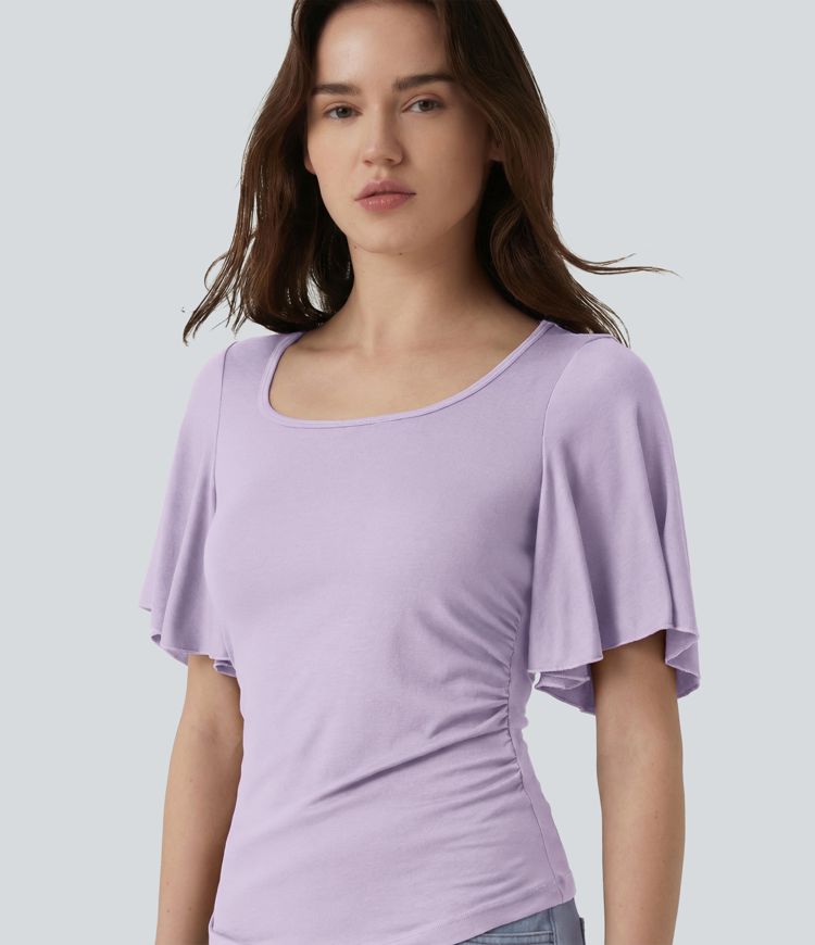 Lässiges, geripptes T-Shirt mit eckigem Ausschnitt und Schmetterlingsärmeln