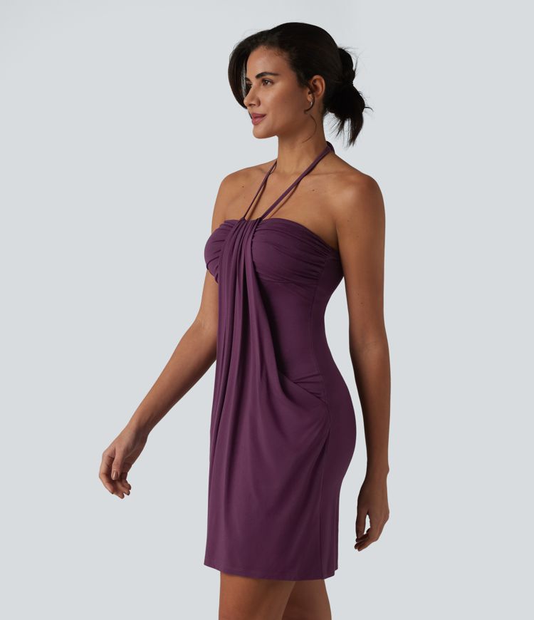 Halter Tie Back Mini Resort Dress with Pockets