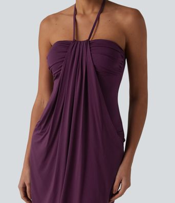 Halter Tie Back Mini Resort Dress with Pockets