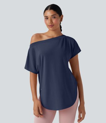 One Shoulder Short Sleeve Curved Hem High Low Quick Dry Yoga Sports Top One Shoulder Short Sleeve Curved Hem High Low Quick Dry Yoga Sports Top