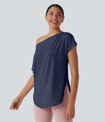 One Shoulder Short Sleeve Curved Hem High Low Quick Dry Yoga Sports Top One Shoulder Short Sleeve Curved Hem High Low Quick Dry Yoga Sports Top