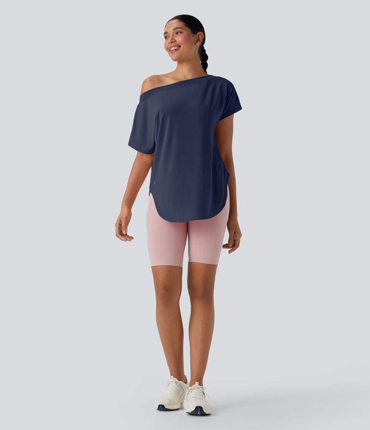 One Shoulder Short Sleeve Curved Hem High Low Quick Dry Yoga Sports Top One Shoulder Short Sleeve Curved Hem High Low Quick Dry Yoga Sports Top