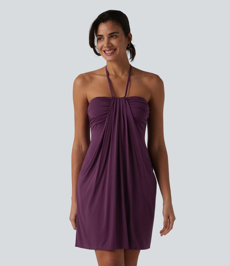 Halter Tie Back Mini Resort Dress with Pockets