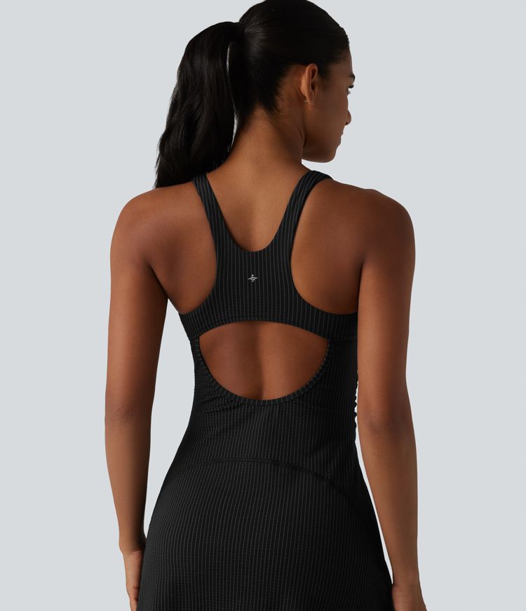 U Neck Built-in Bra 2-Piece Stripe Quick Dry Mini Tennis Active Dress with Pockets-UPF40+