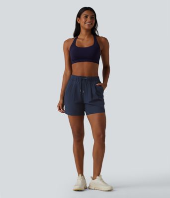 High Waisted Elastic Waistband Drawstring Pleated Yoga Shorts 5" with Pockets