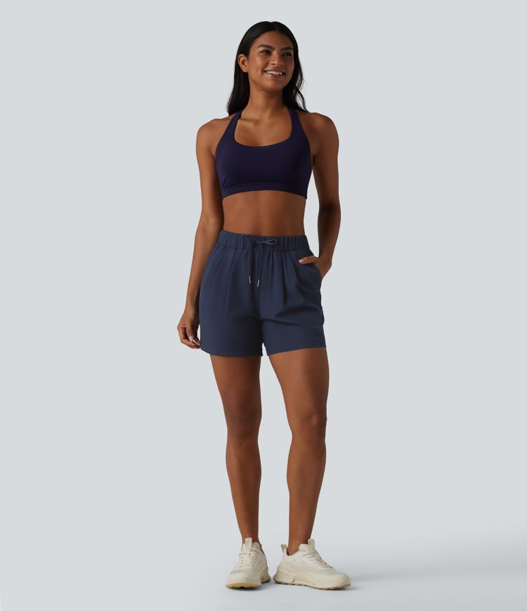 High Waisted Elastic Waistband Drawstring Pleated Yoga Shorts 5" with Pockets