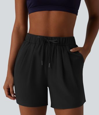 High Waisted Elastic Waistband Drawstring Pleated Yoga Shorts 5" with Pockets