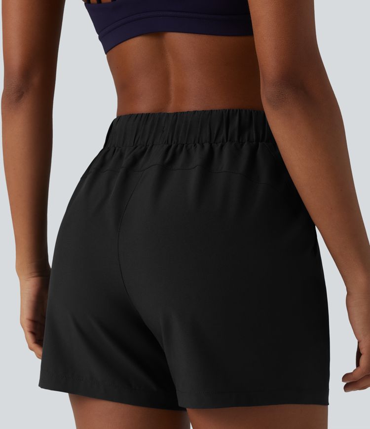 High Waisted Elastic Waistband Drawstring Pleated Yoga Shorts 5" with Pockets