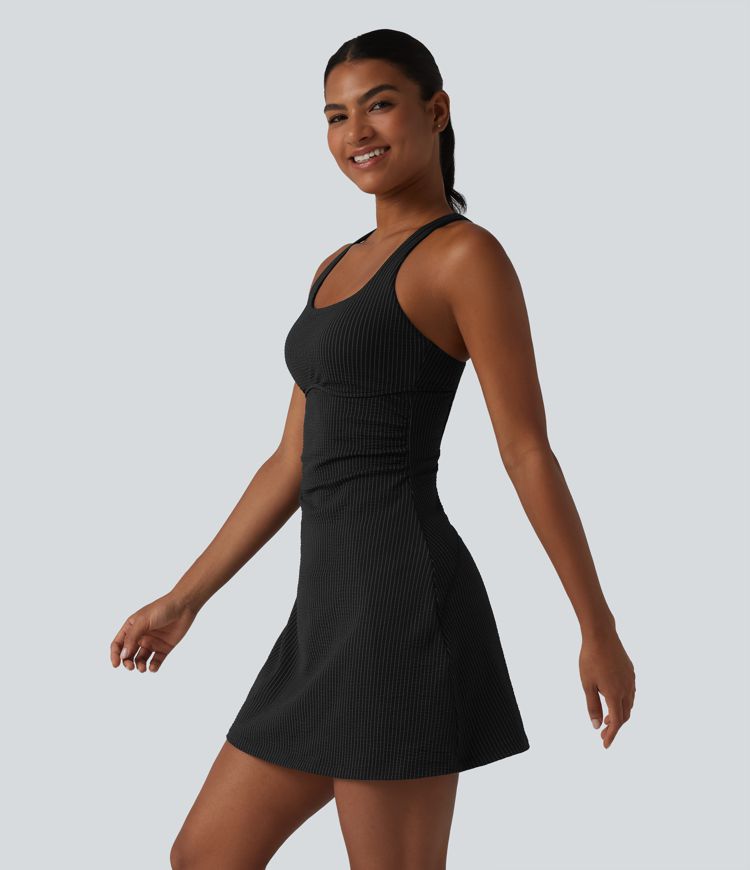 U Neck Built-in Bra 2-Piece Stripe Quick Dry Mini Tennis Active Dress with Pockets-UPF40+