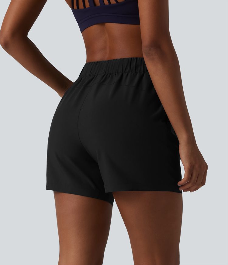 High Waisted Elastic Waistband Drawstring Pleated Yoga Shorts 5" with Pockets