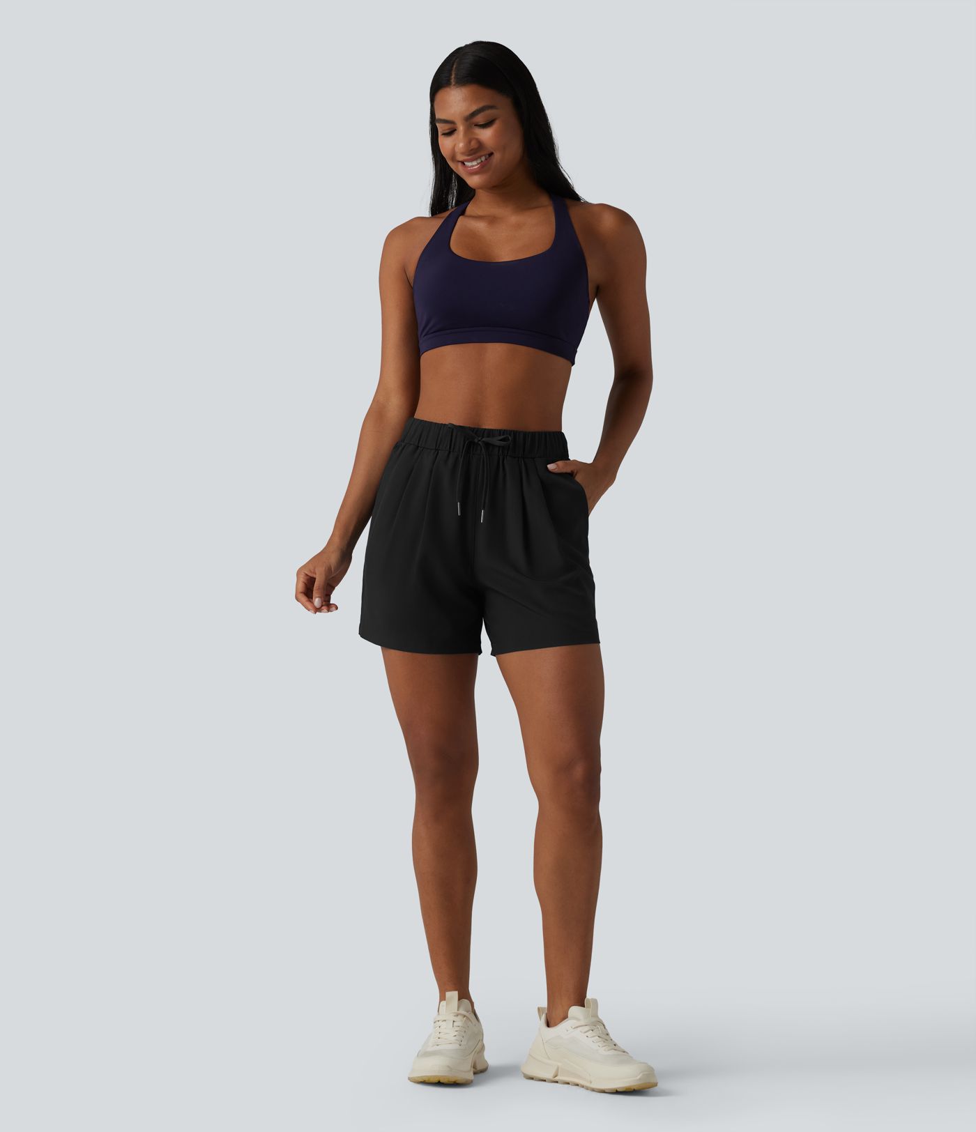 High Waisted Elastic Waistband Drawstring Pleated Yoga Shorts 5" with Pockets