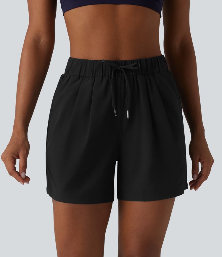 High Waisted Elastic Waistband Drawstring Pleated Yoga Shorts 5" with Pockets
