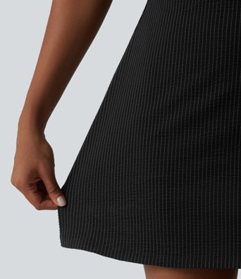 U Neck Built-in Bra 2-Piece Stripe Quick Dry Mini Tennis Active Dress with Pockets-UPF40+