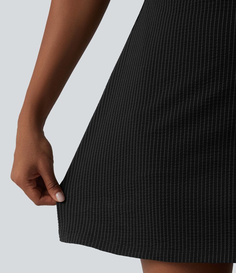 U Neck Built-in Bra 2-Piece Stripe Quick Dry Mini Tennis Active Dress with Pockets-UPF40+