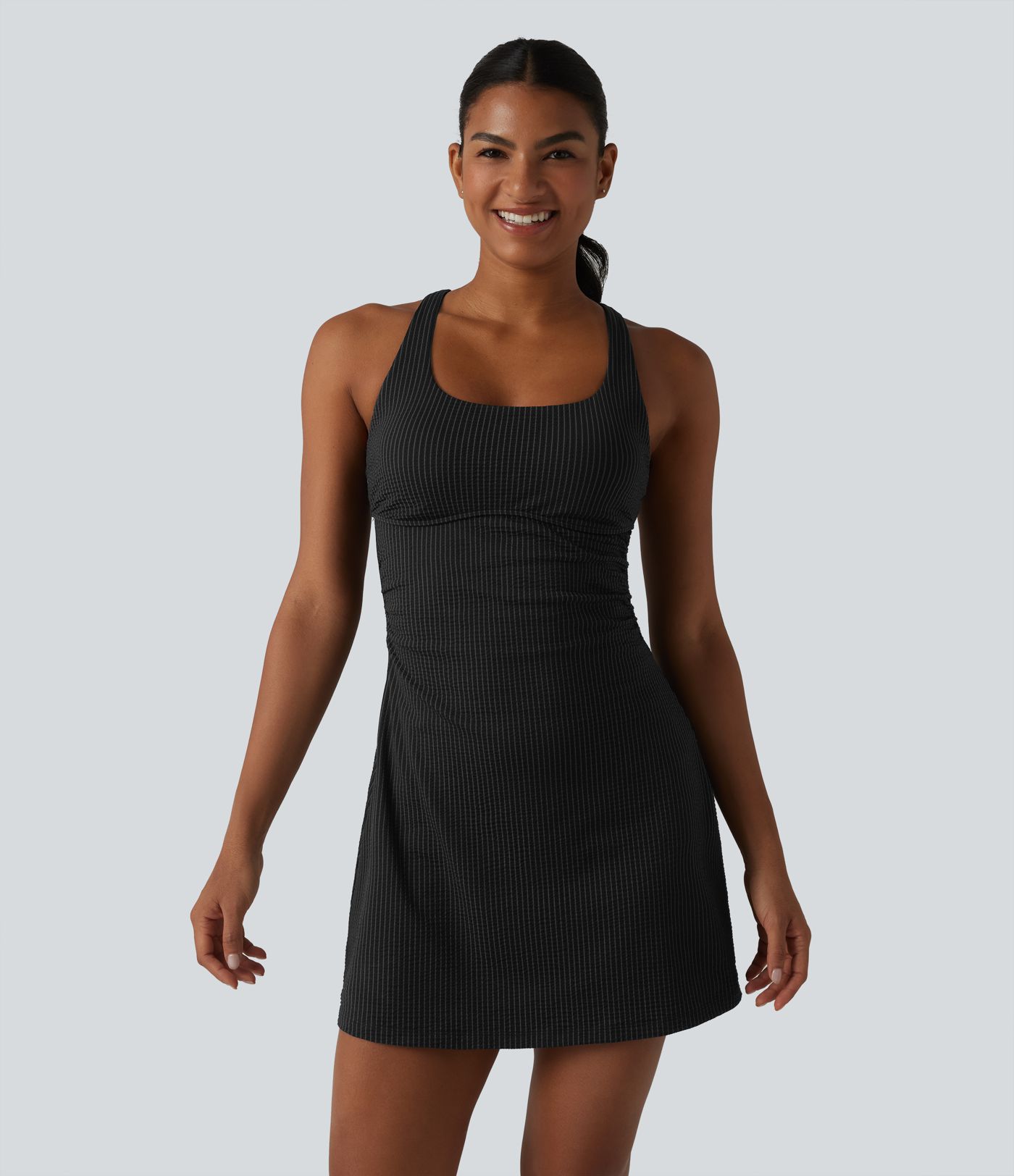 U Neck Built-in Bra 2-Piece Stripe Quick Dry Mini Tennis Active Dress with Pockets-UPF40+